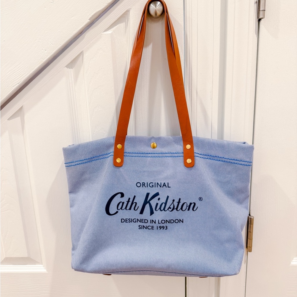 Cath Kidston Light Blue Canvas Tote with Tan Leather Handles